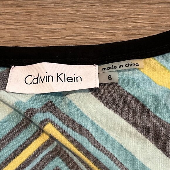 Calvin Klein Sheath Dress SZ 6 Pullover Stretch Turquoise Yellow Short Sleeve - Picture 6 of 11
